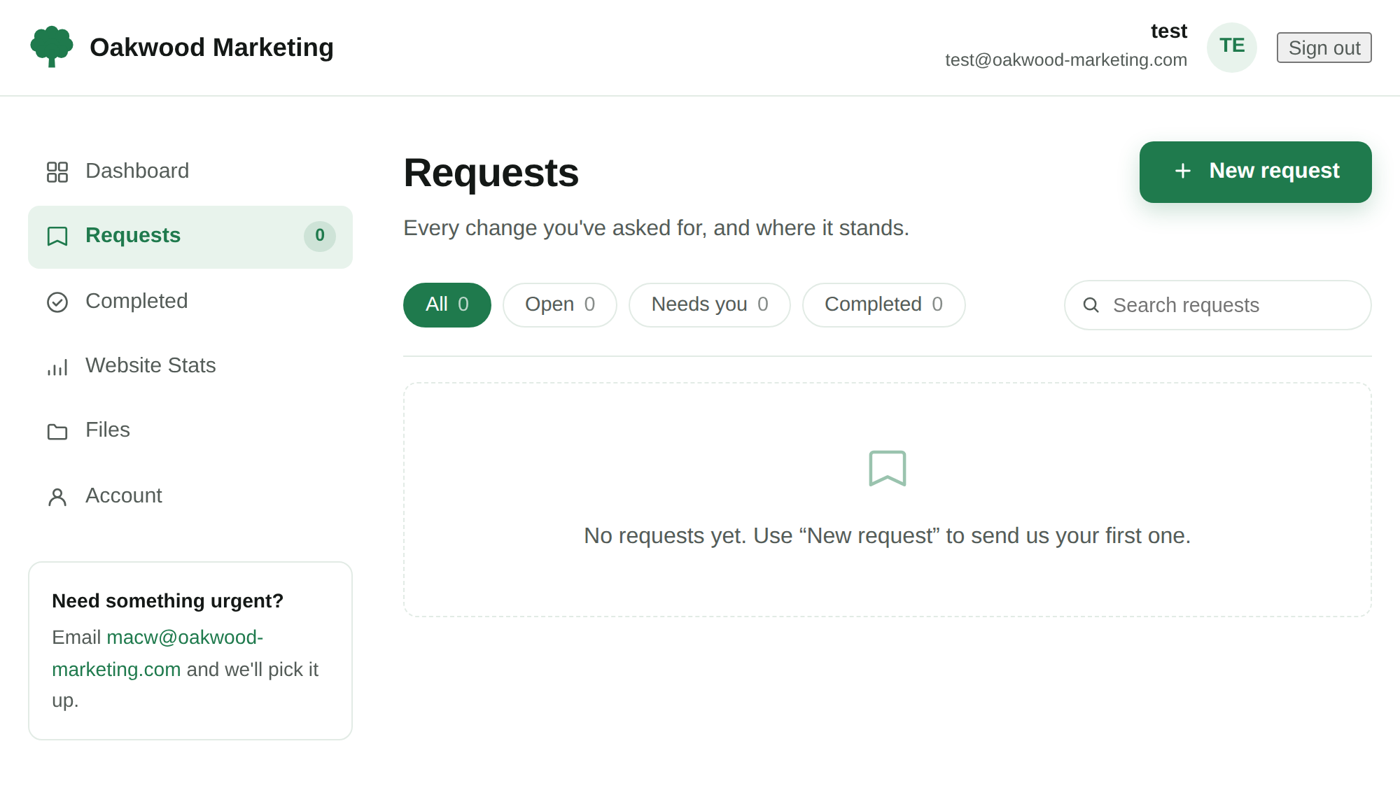 The Oakwood client dashboard, showing the requests page
